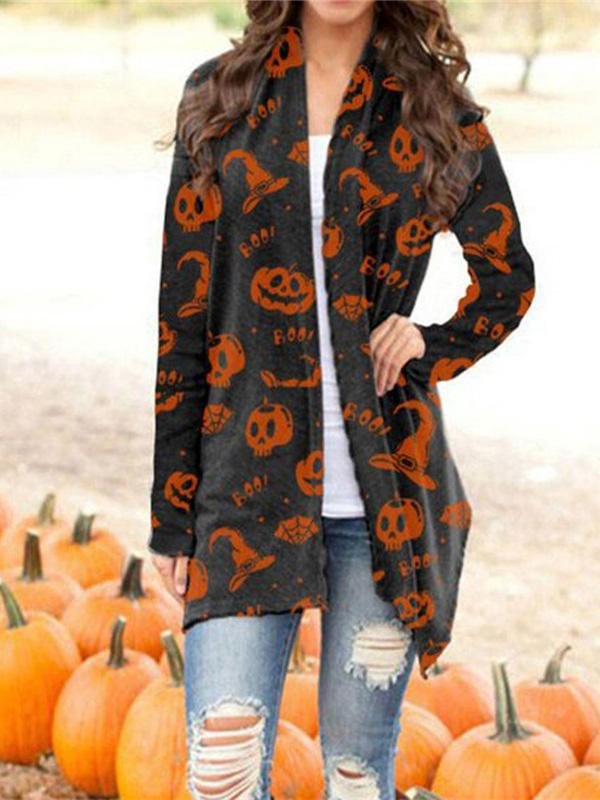 Halloween Casual Pumpkin Element Long Sleeve Knit Cardigan Tops