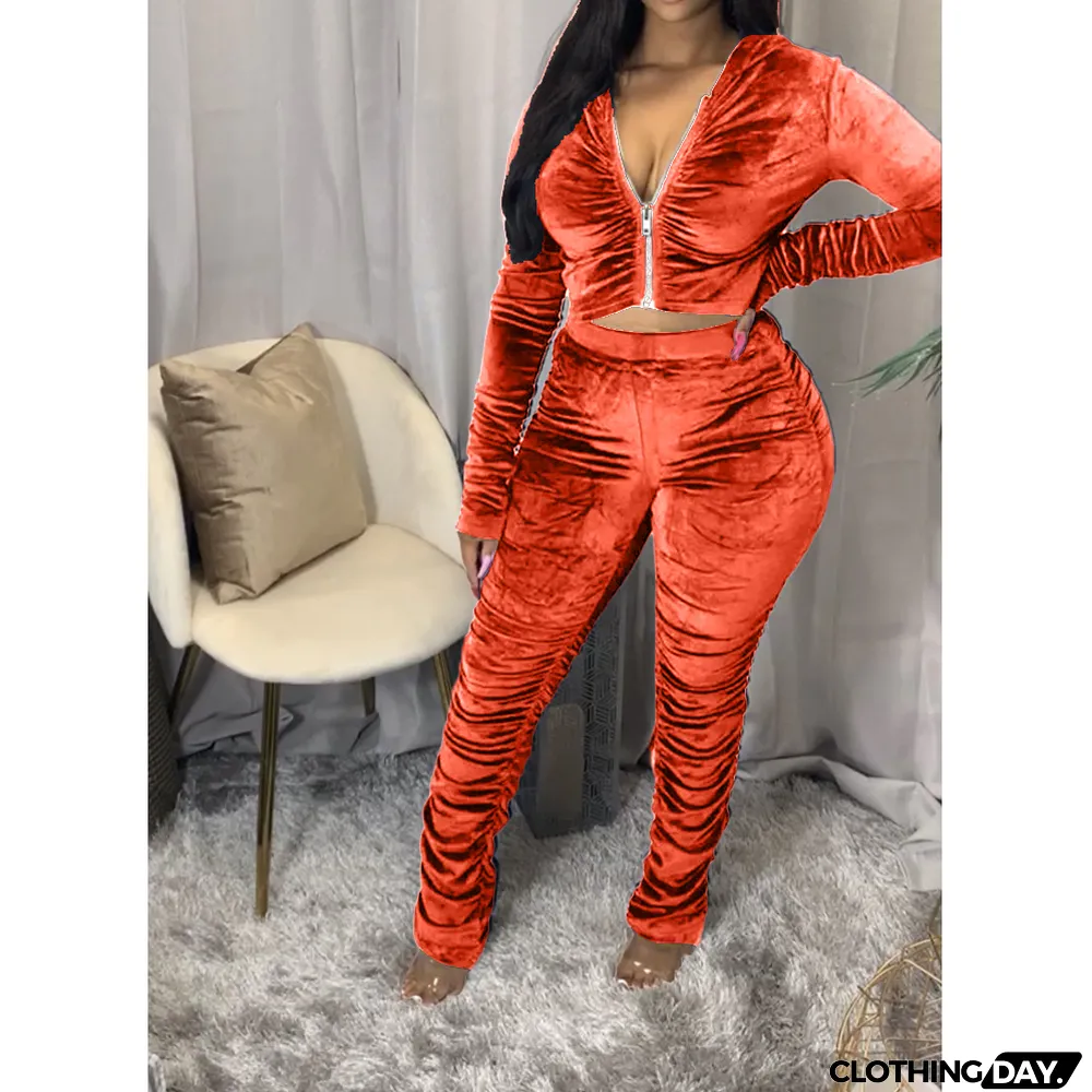 Velvet Pleated Zipper Hooded Jacket Skinny Pants Suit