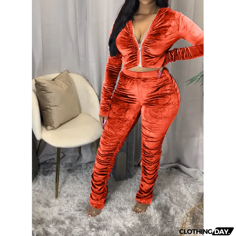 Velvet Pleated Zipper Hooded Jacket Skinny Pants Suit