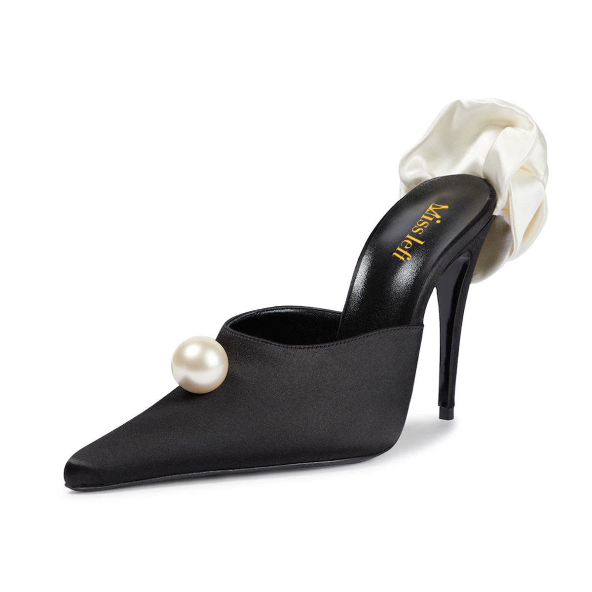 Black Satin Pearl Flower Pointed Toe Stiletto Heel Mules for Women Nicepairs