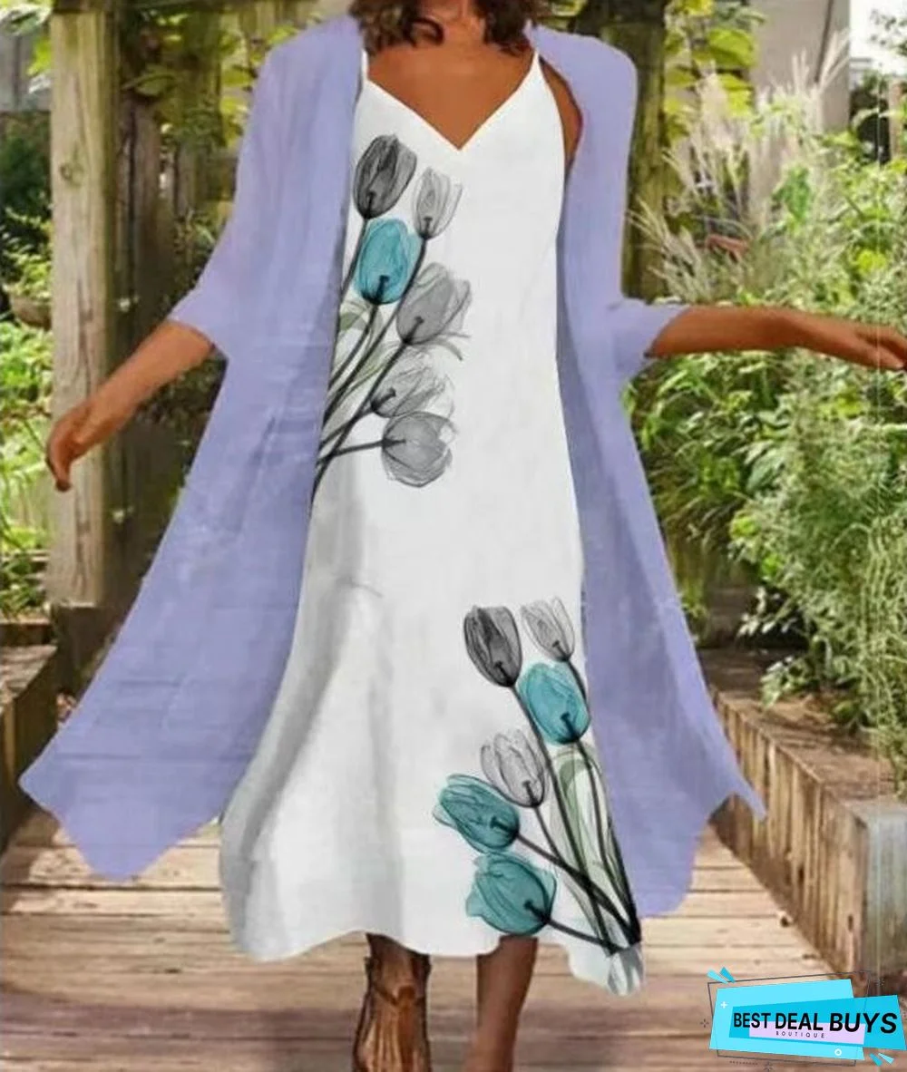 Butterfly Printed Casual Round Neck Dress With Coat Two Piece Set