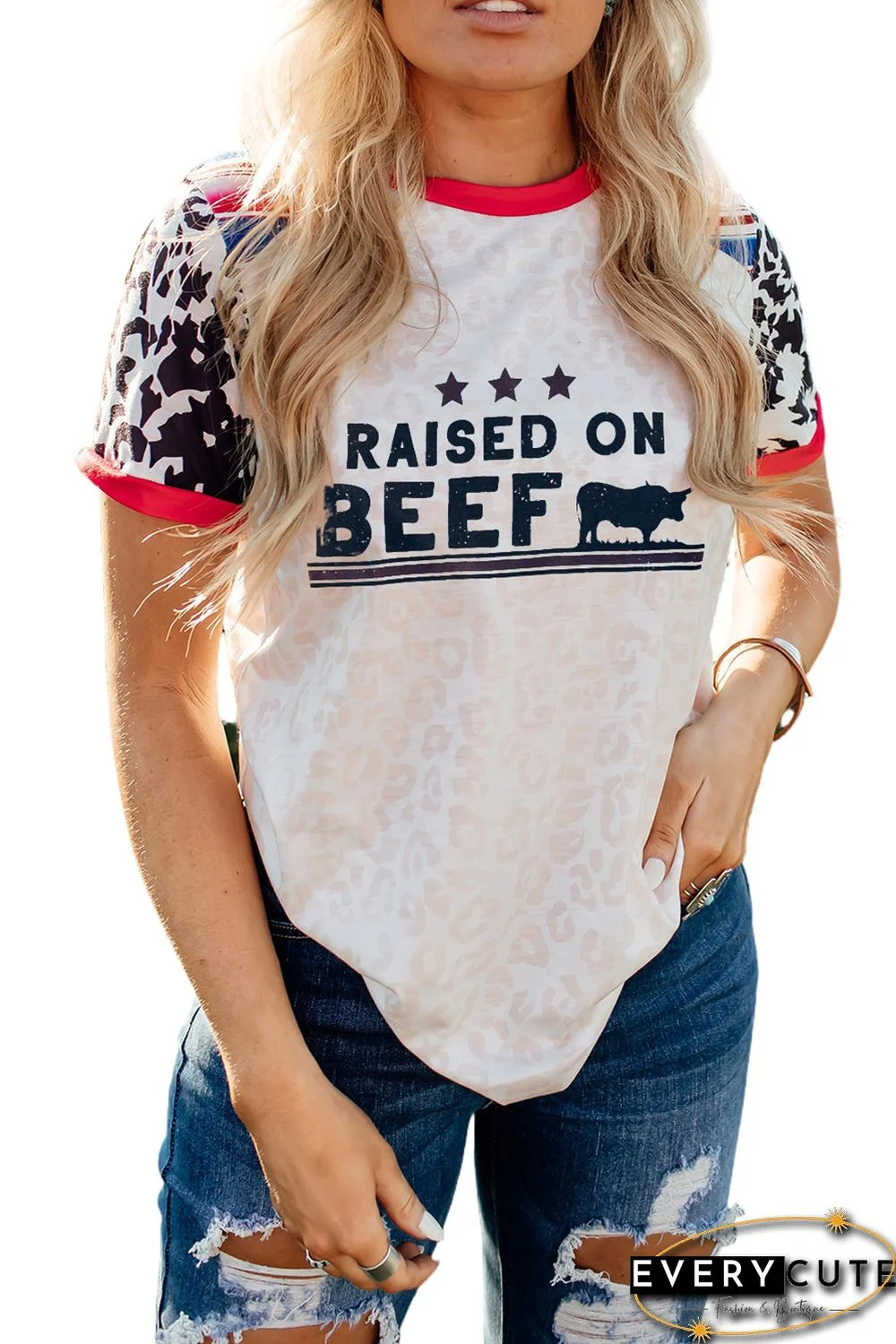 Raised On Beef Leopard Color Block T Shirt