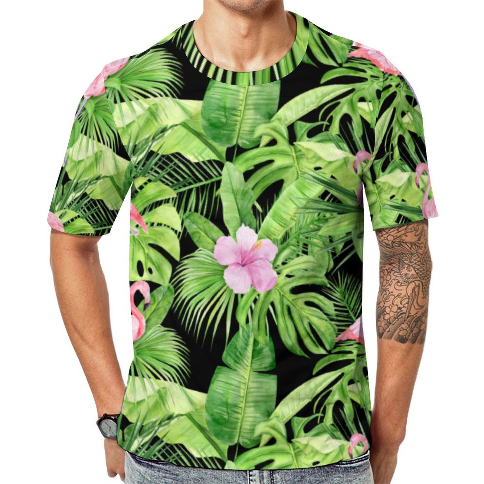 Tropical Flamingo Green Palm Fronds Short Sleeve Print Unisex Tshirt Summer Casual Tees for Men and Women Coolcoshirts