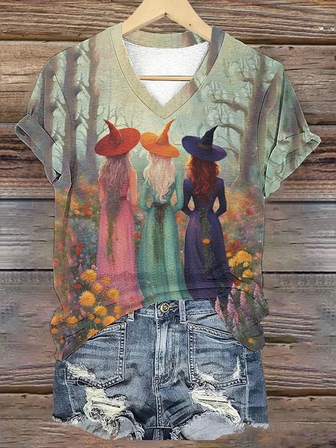 Women's Halloween Magical Enchanting Witches Print Casual V-Neck Tee