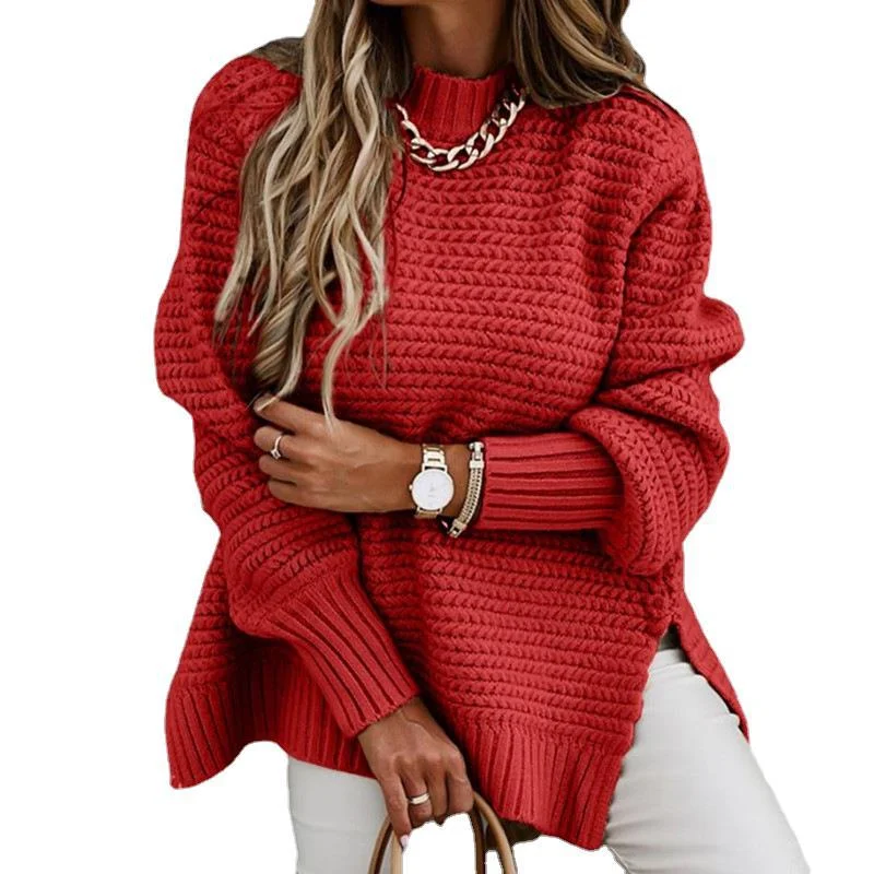 Athvotar Athvotar Autumn And Winter Half-High Collar Loose Solid Color Long-Sleeved Thick Needle Side Fork Knitting Sweater Woman