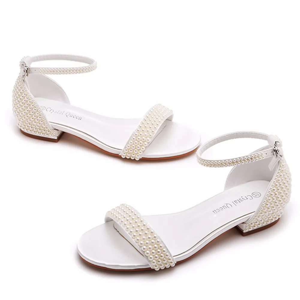 Breakj Breakj Cm Square With A Shallow Mouth With Buckle Sandals Ivory White Silk Satin Bridal White Pearl Sandals Woman