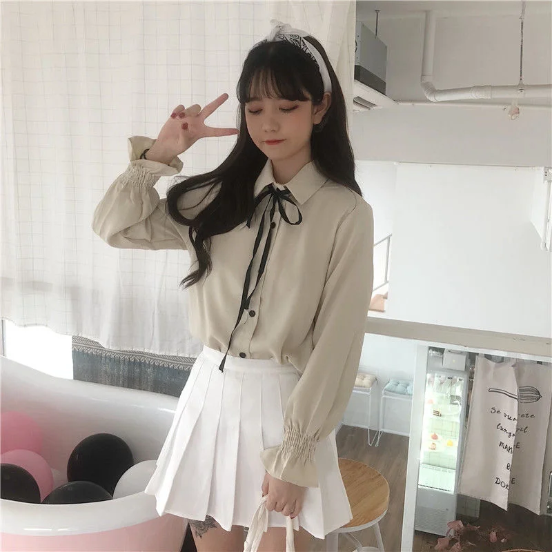 Women Blouses Turn-down Collar Flare-sleeve Bows Lace-up Solid Sweet Loose Shirts Korean Style Students Elegant Casual Chic New