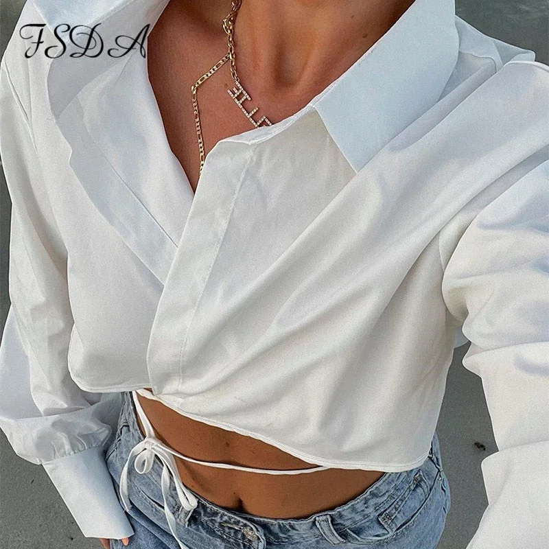 FSDA 2021 V Neck Orange Crop T Shirts Bandage Sexy Women Long Sleeve Summer Autumn Fashion Casual Top Shirt