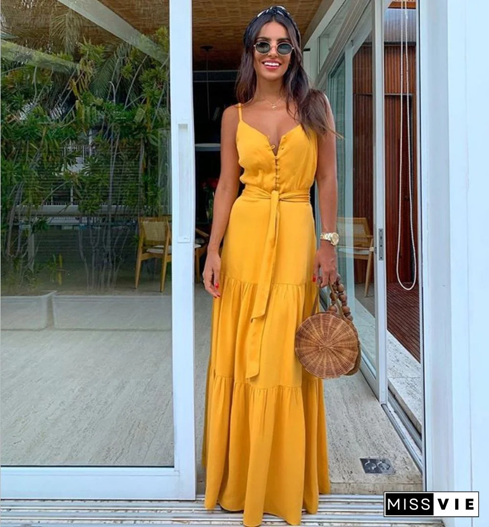 V Neck Button White Beach Dress Belt High Waist Casual Vintage Vestidos Summer Women Holiday A Line Sling Party Long Dress Femme