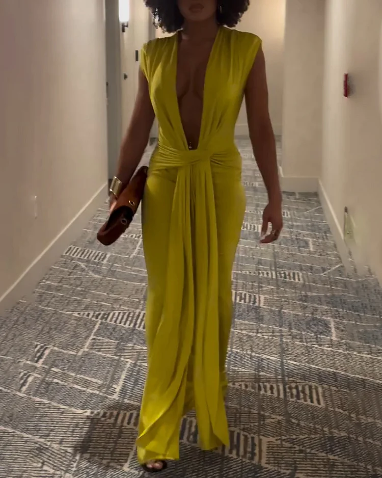 Women's solid color deep v slim dress