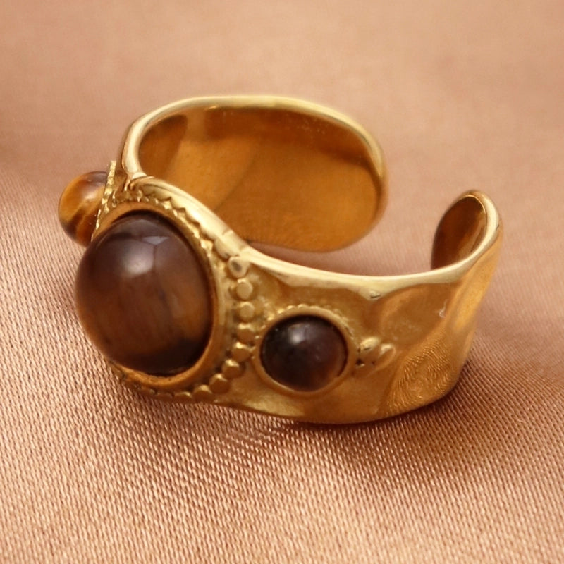 Casual Retro Geometric Titanium Steel Natural Stone Inlay Open Rings