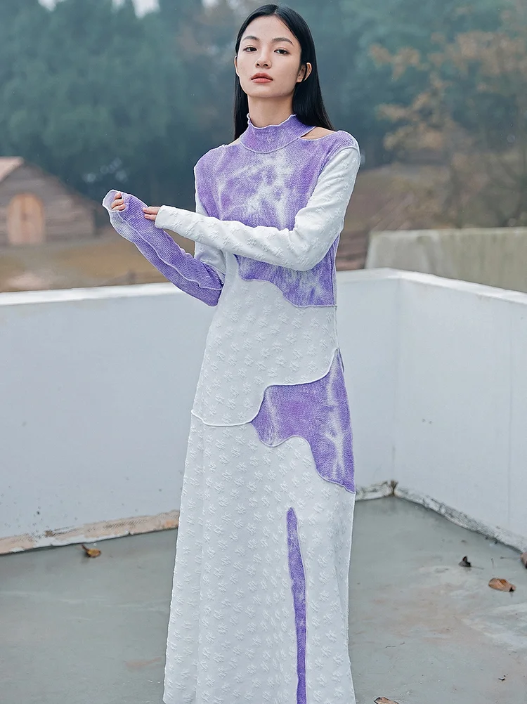 Original Design Color Contrasting Knitted Maxi Dress - yankia