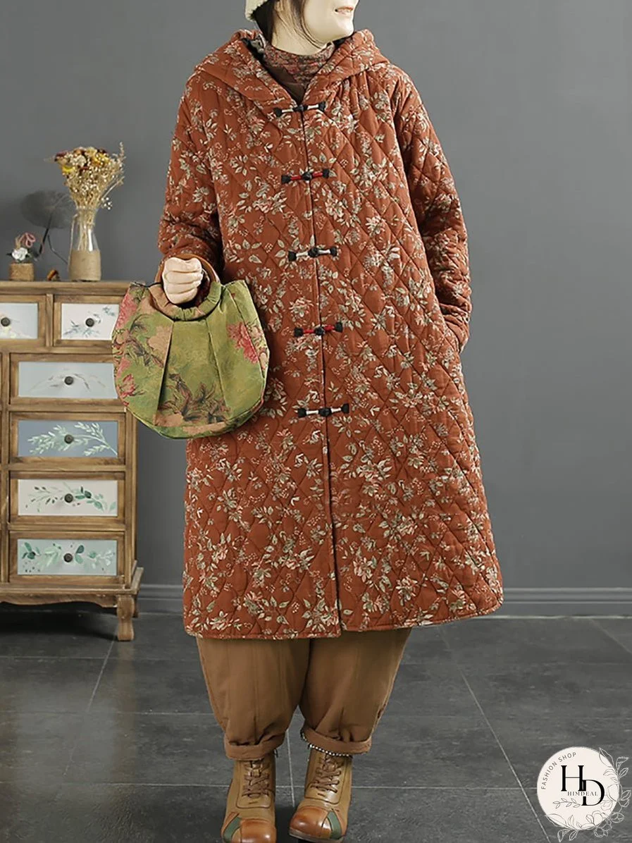 Women Ethnic Winter Floral Hooded Long Padded Coat