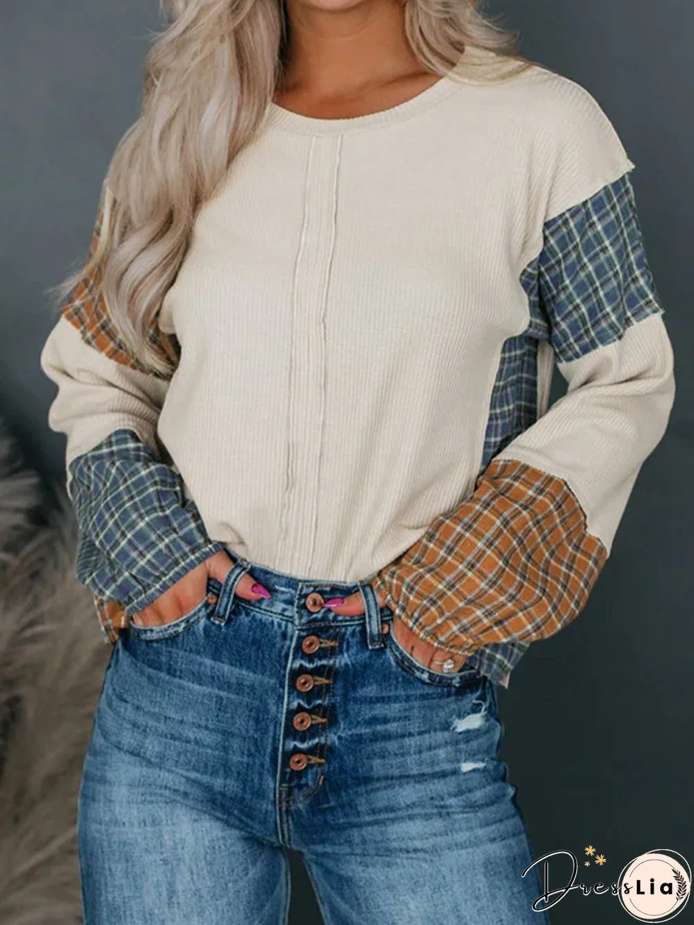 Gray Tartan Patchwork Distressed Long Sleeve Blouse