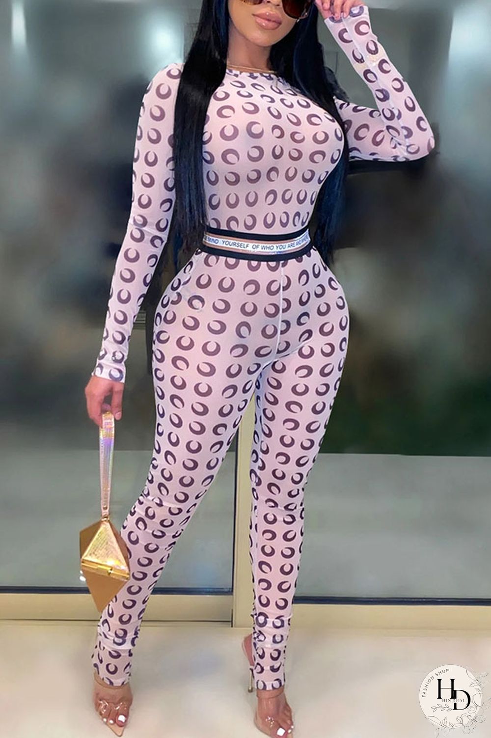Blue Fashion Sexy Print Long Sleeve O Neck Jumpsuits