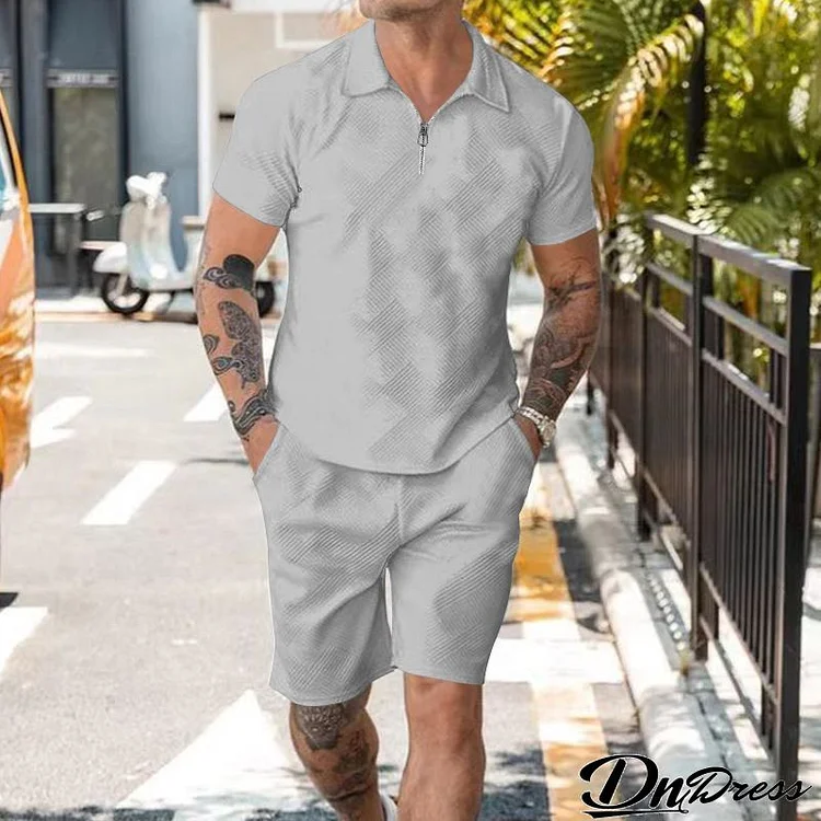 Men Fashion Lapel Jacquard Zipper Short-Sleeved Polo Shirt And Shorts Two-Piece Set