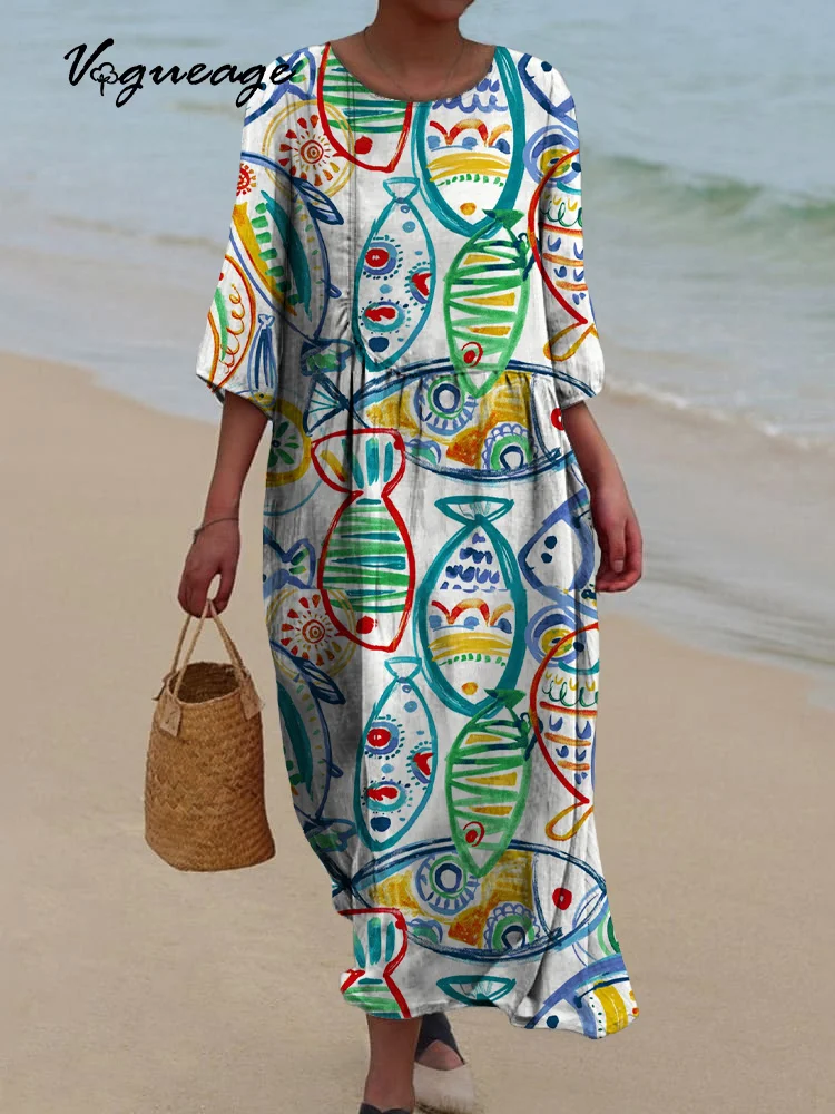 Interesting Painted Line Fish Printed Women's Casual Cotton And Linen Dress