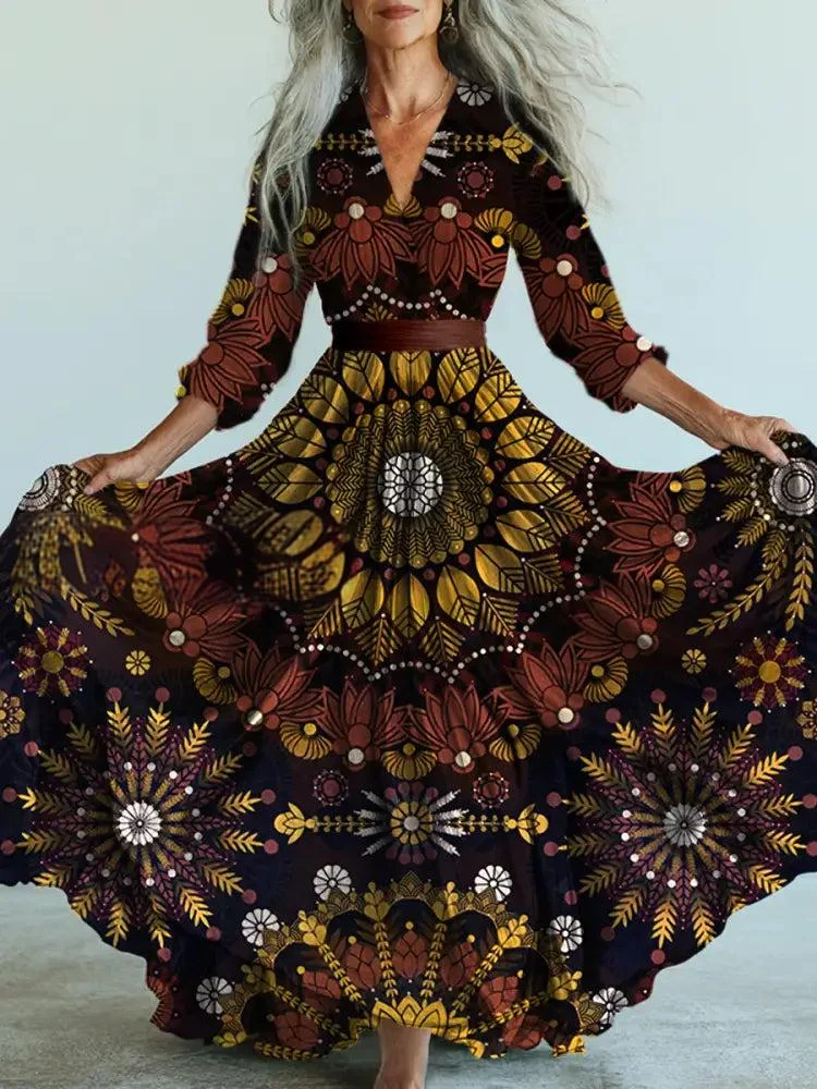 Retro Boho Floral Art Printed Vintage V-Neck Long Sleeves Midi Dress