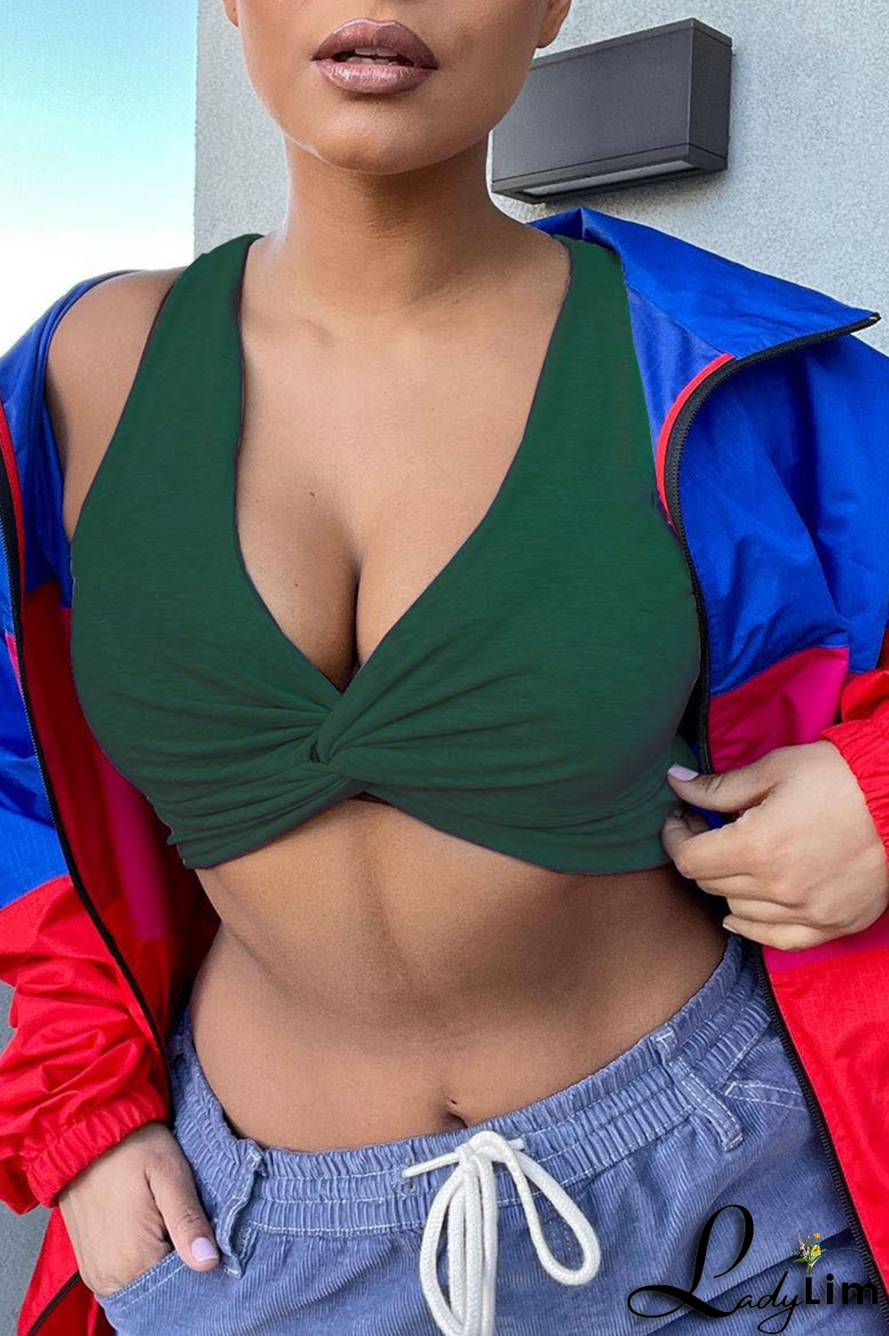 Green Fashion Solid Split Joint V Neck Tops