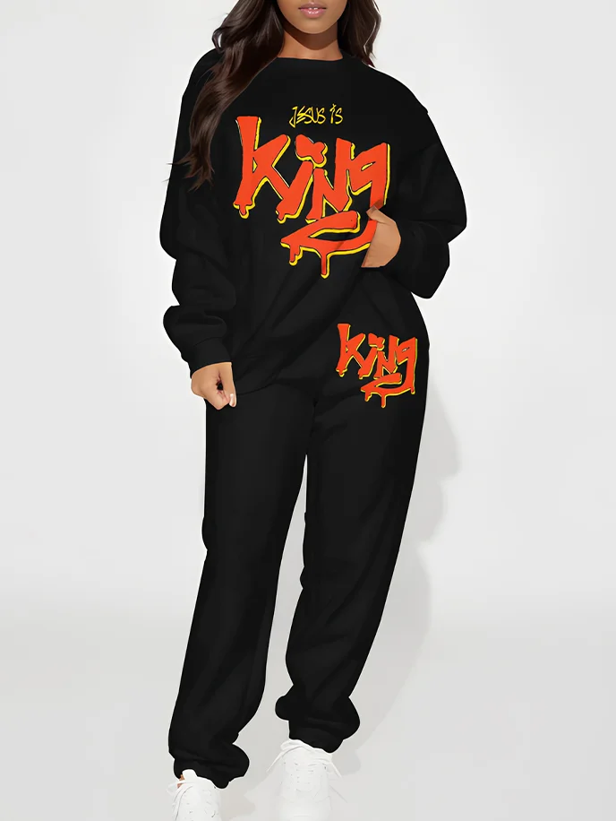 Women's God is King Print Sweatshirt Casual Pants Matching Set