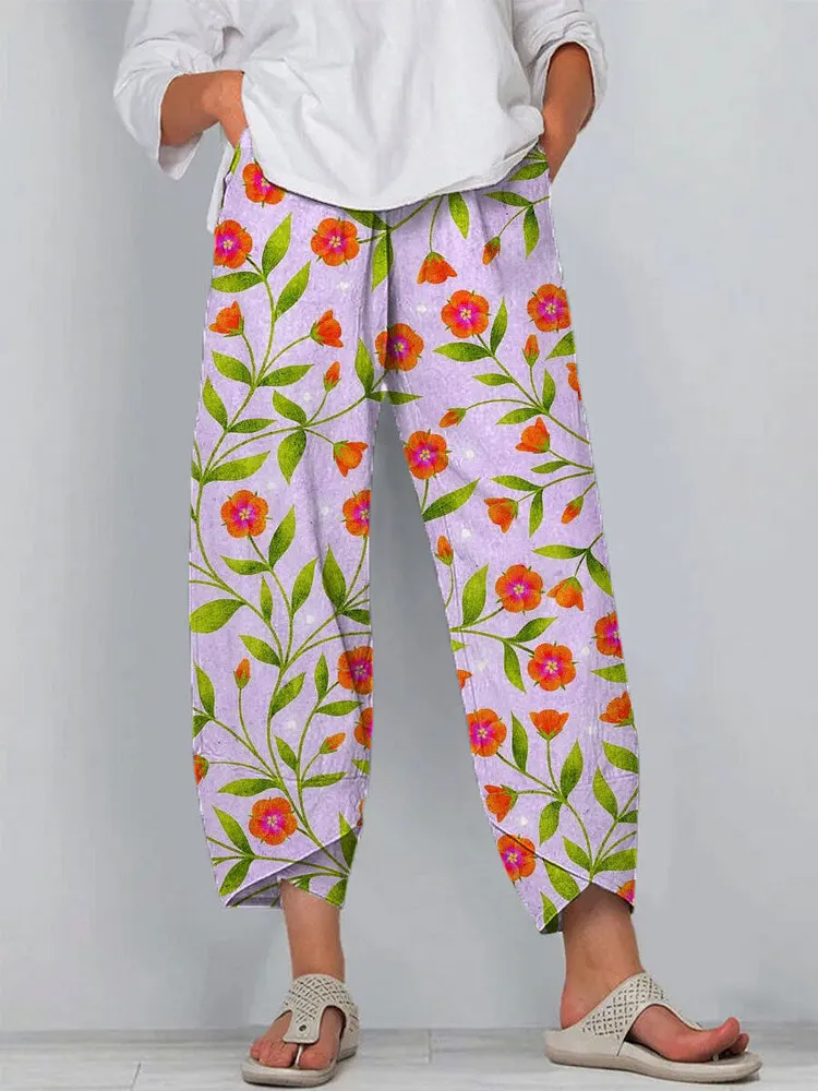 Women's  Pastoral Flowers Art Print Cotton And Linen Casual Pants
