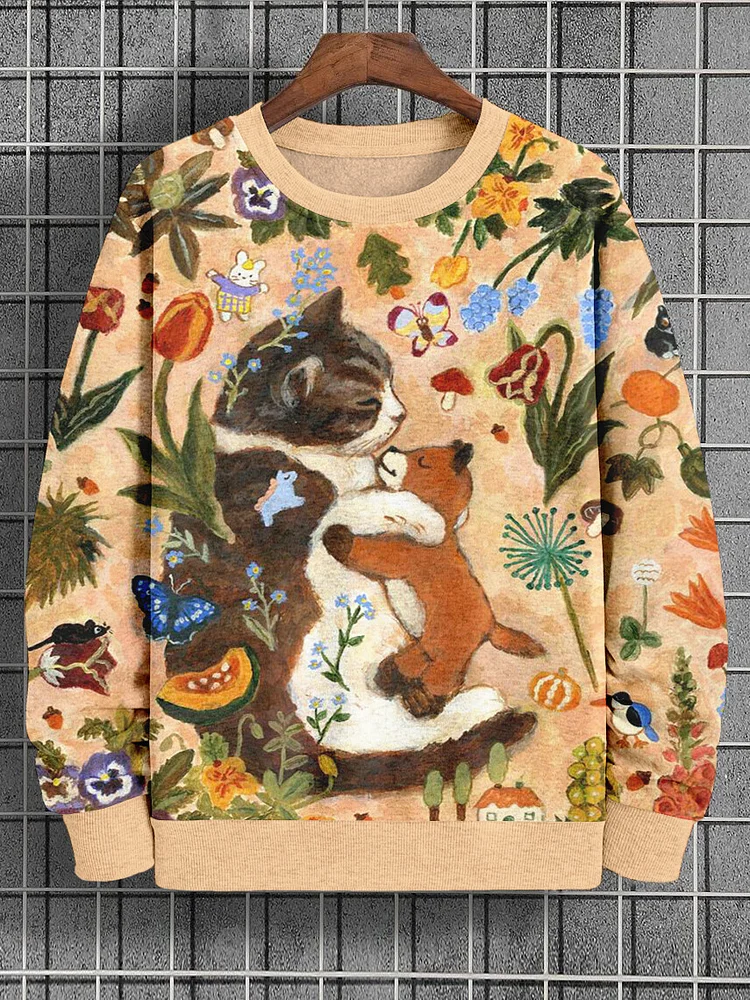 Men's Outdoor Cat Floral Graphic Print Casual Sweatshirt