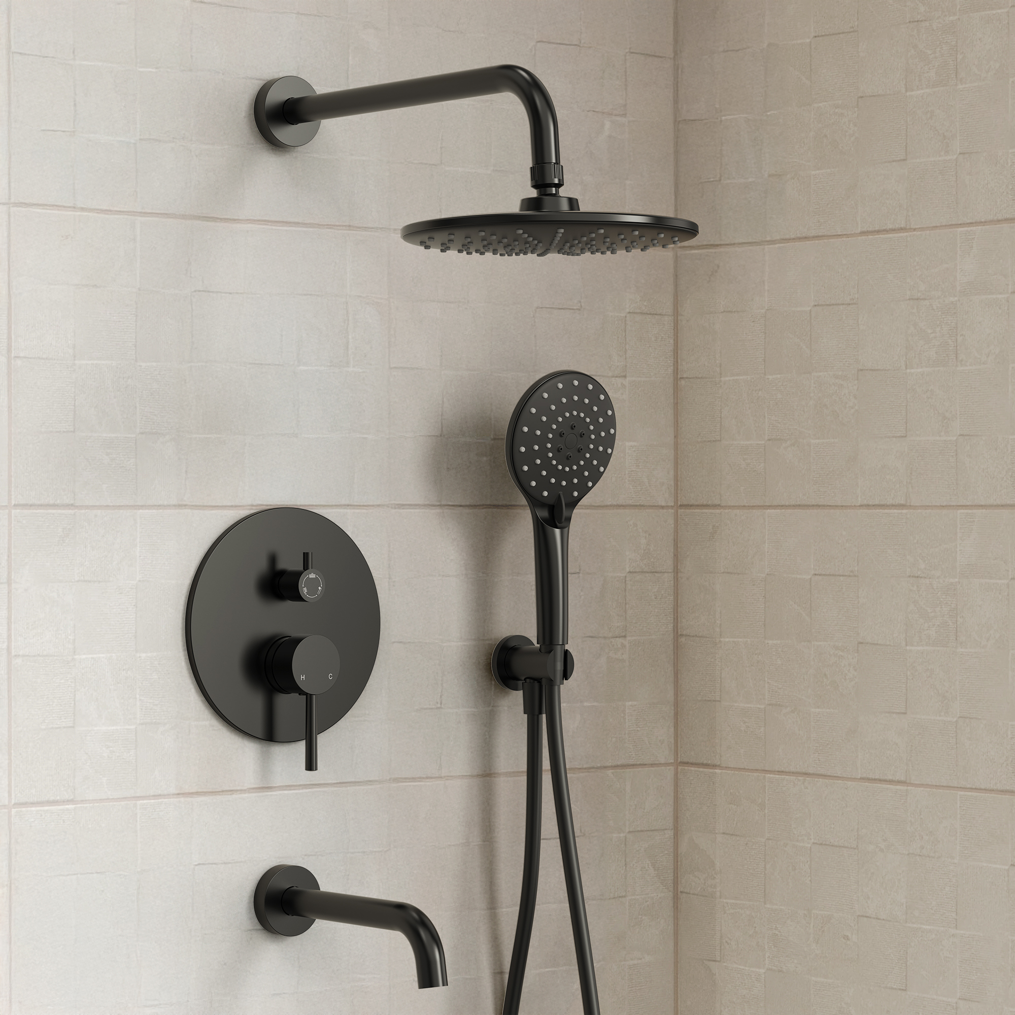 3-Spray Single-Handle Round Rain Dual Fixed Shower Head with Handheld Shower Head in Matte Black