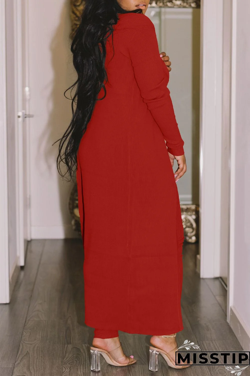 Red Fashion Casual Solid Cardigan V Neck Long Sleeve Two Pieces