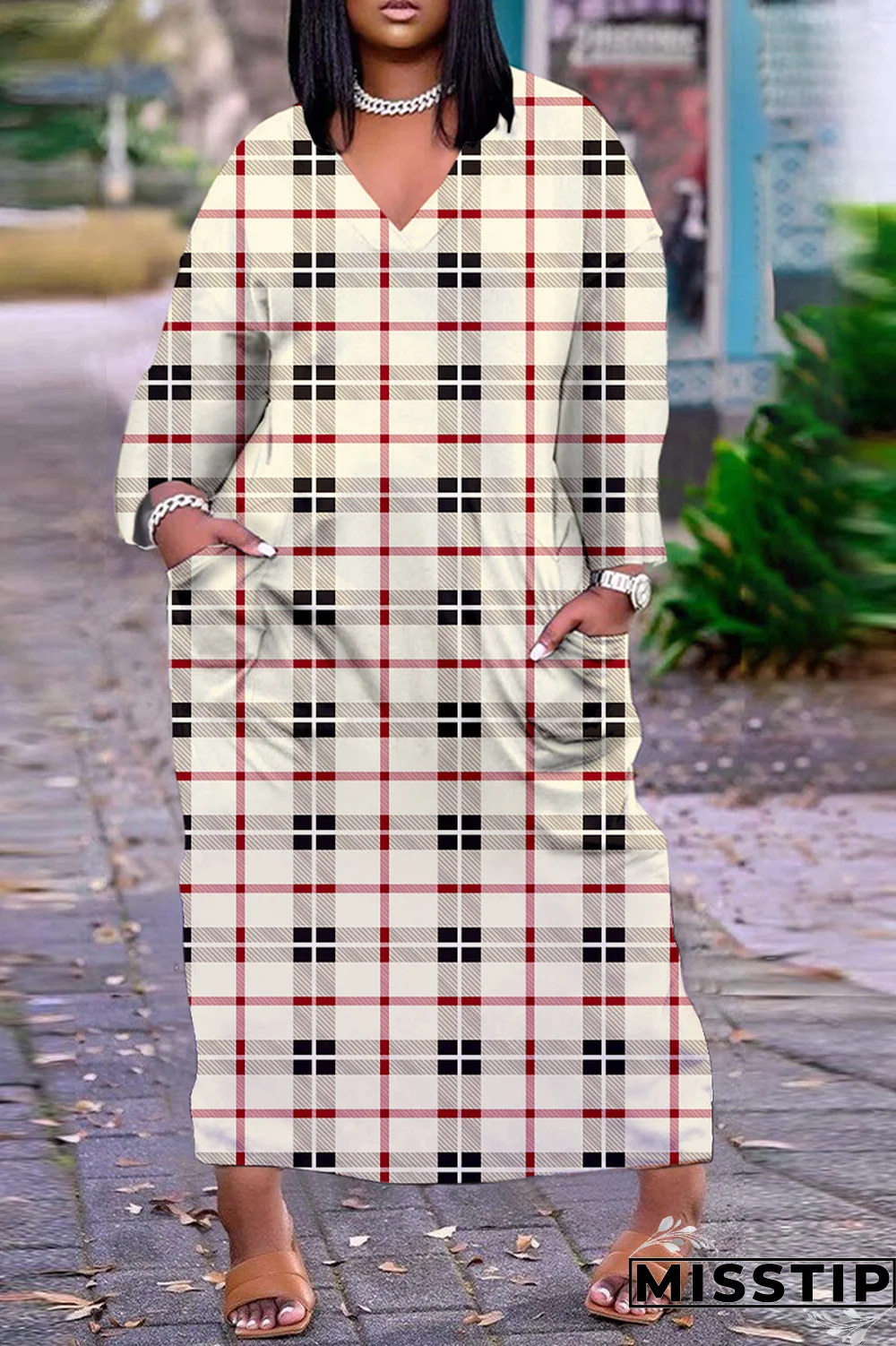 Black Street Plaid Print Patchwork V Neck Straight Dresses