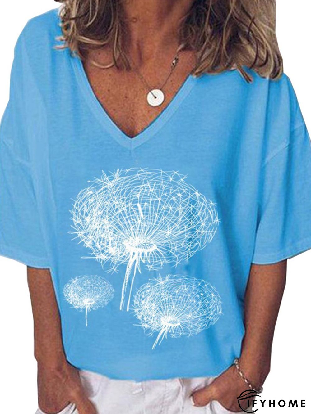 Short Sleeve Cotton-Blend Floral V Neck T-Shirts | IFYHOME