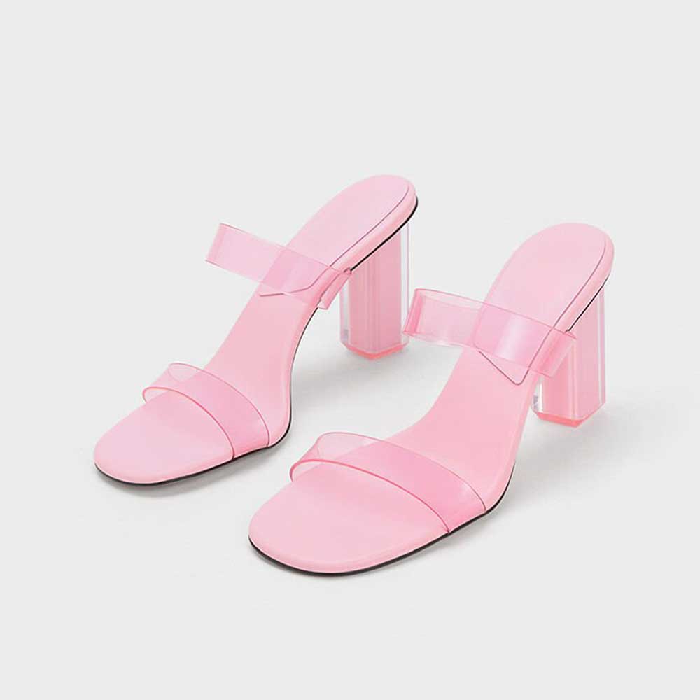 Pink & Clear PVC Square Toe 4'' Chunky Heel Double Strap Mules  Nicepairs