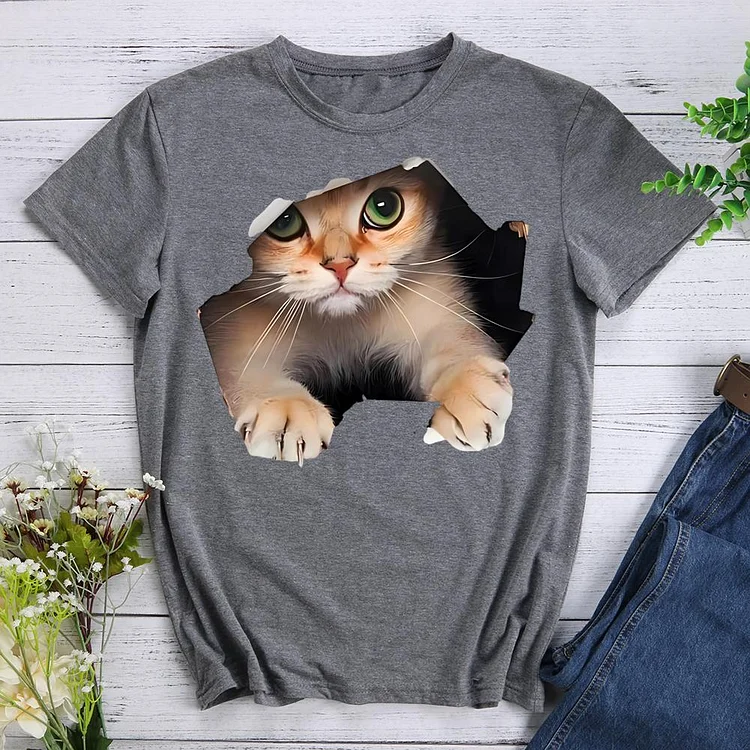 cute cat Round Neck T-shirt-0020587