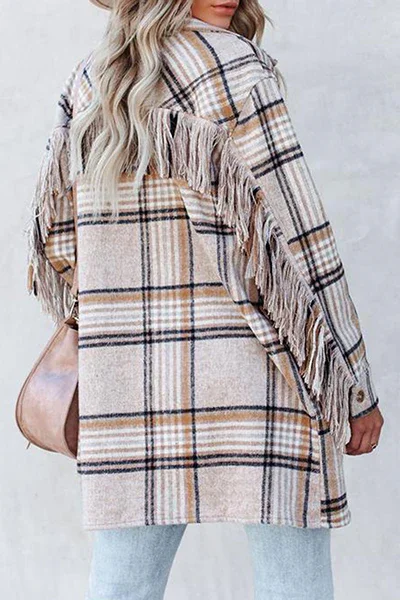 Casual Plaid Tassel Buckle Turndown Collar Outerwear