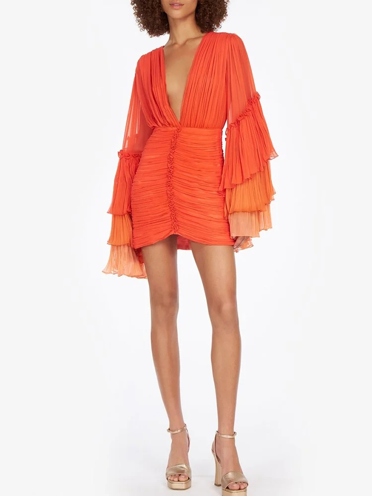 Toloer Elegant Formal Dresses For Women Deep V Neck Butterfly Sleeve High Waist Spliced Ruched Bodycon Mini Dress Female Summer New