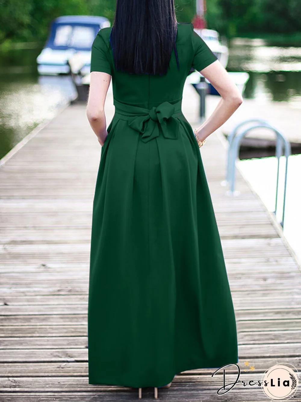Solid Short Sleeve Pocket Crew Neck Maxi Dress