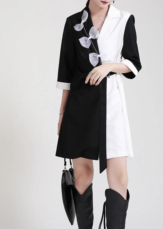 DIY Black White Patchwork PeterPan Collar Bow Sashes Fall Dress Half Sleeve