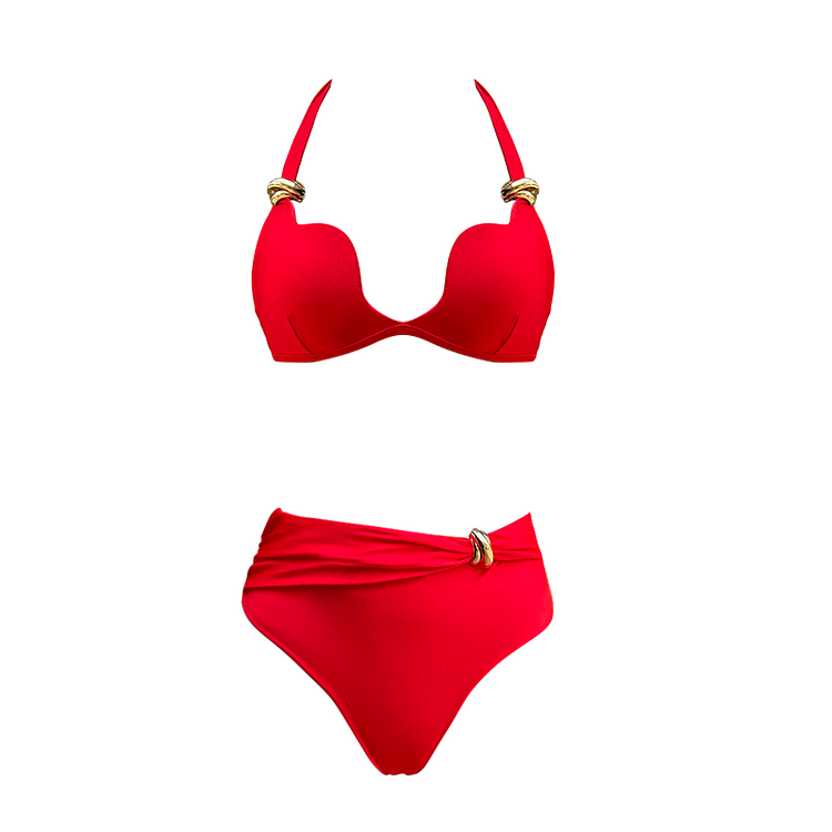 Metal Knot Ornaments Decor Red Bikini Swimsuit and Skirt Flaxmaker