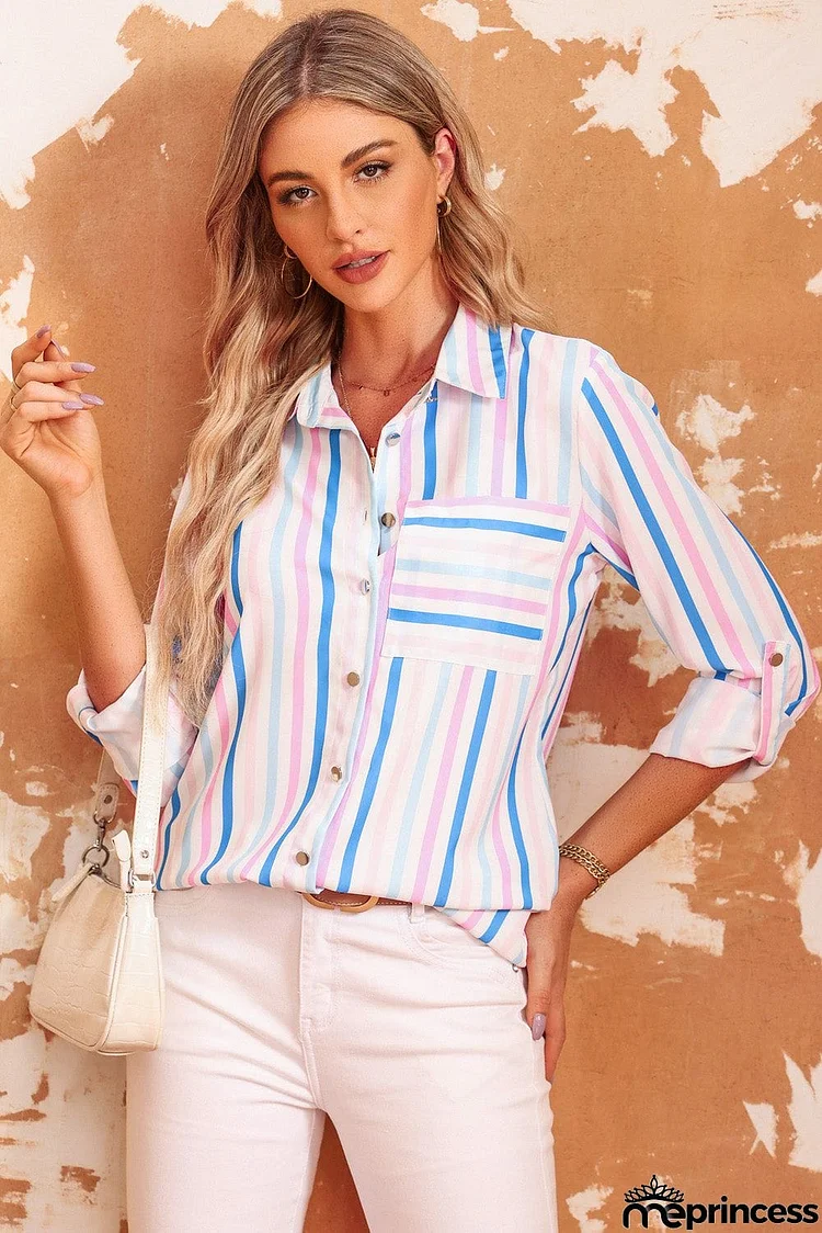 Striped Button Roll Tab Sleeve Shirt