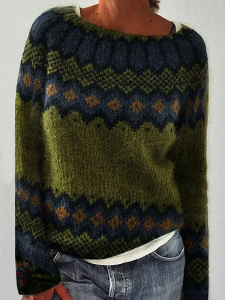 Retro Art Print Casual Pullover Sweater