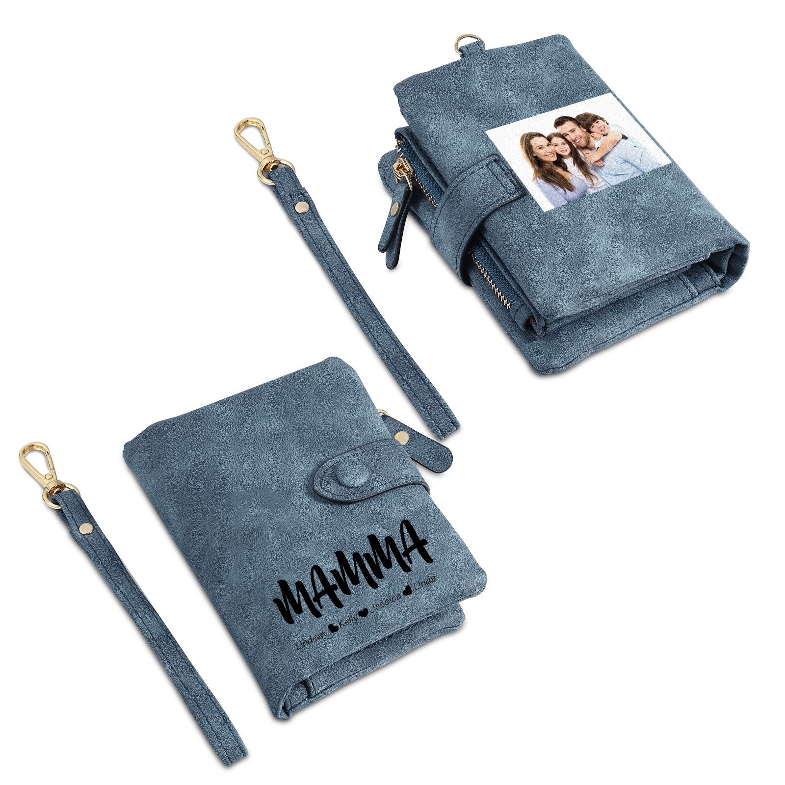Portafoglio in PU pelle con 4 nomi & 2 testi & 1 foto personalizzati per mamma