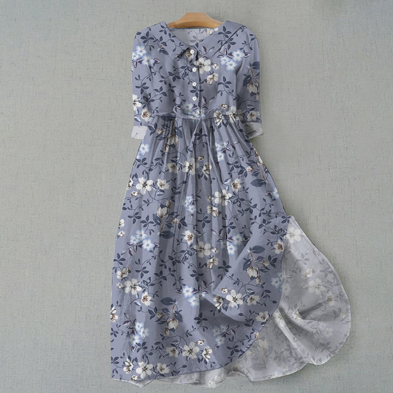 Elegant Floral Design Print Lace-up Casual Midi Dress artswardrobe