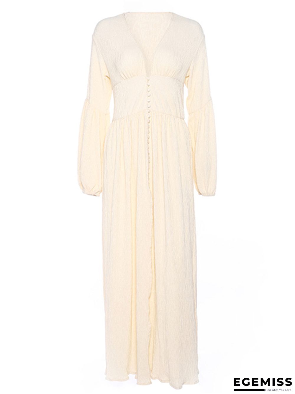 French Retro V-Neck Long Skirt Waist Fold Loose Dress | EGEMISS