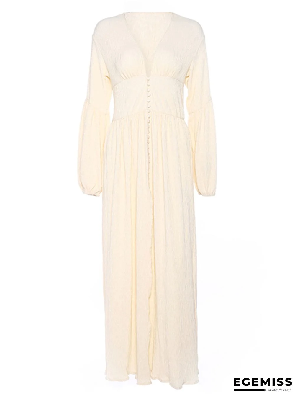 French Retro V-Neck Long Skirt Waist Fold Loose Dress | EGEMISS