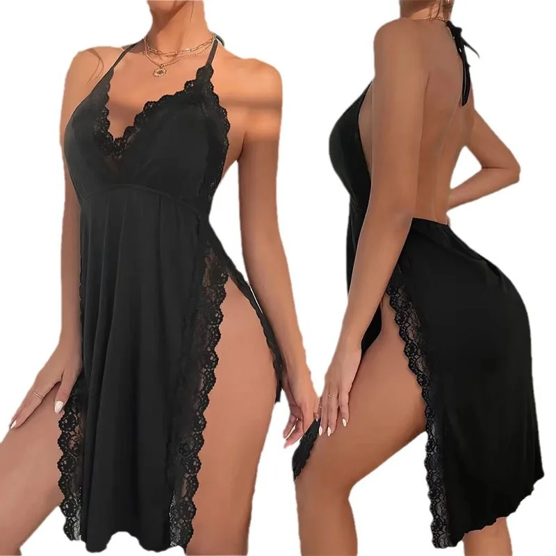 Wongn Wongn Selling Sexy Pajamas Hanging Neck Sleeping Dress Show Back Large Size Suit Open Fork Home Clothing Source Factory