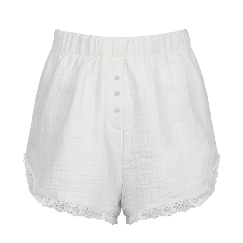 Ueong Style Buckle Solid Color Simple Woven Shorts Loose Waist Loose 100-Lap Spliced Lace Casual Trousers