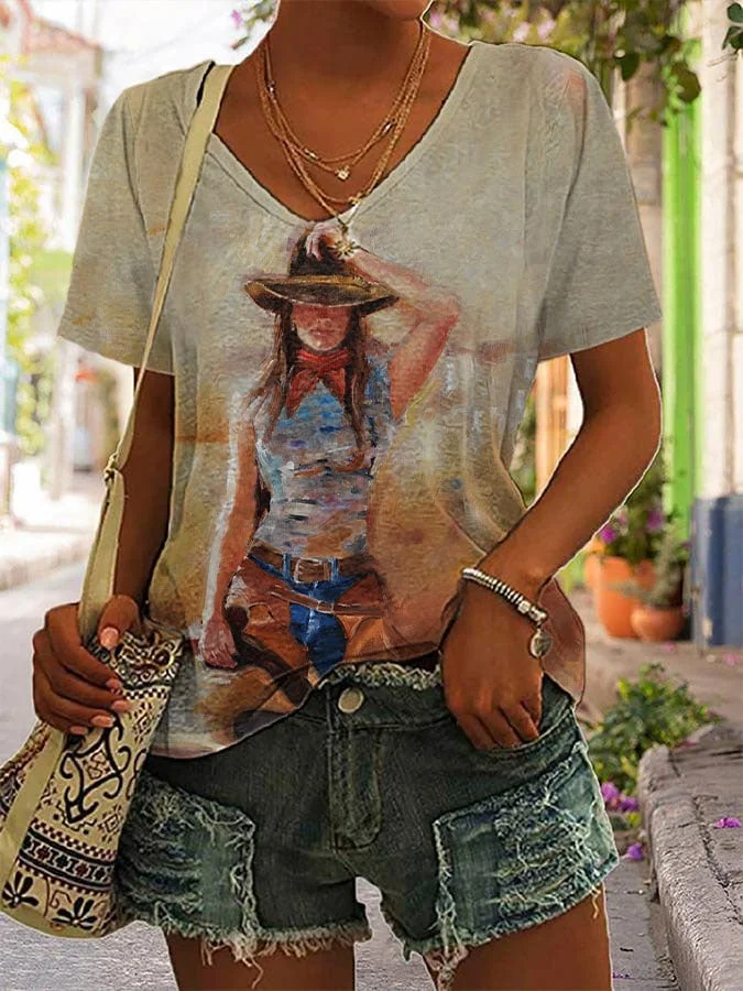 🔥Buy 2 Get 5% Off🔥Women's Retro Western Cowgirl Print V-Neck T-Shirt