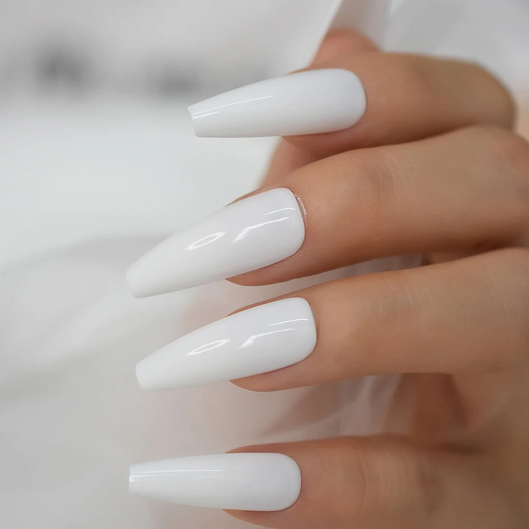 White Fake Nails Press On Acrylic Tips Gel Solid Color Long Coffin Ballerina False Nail Set For Nails Salon DIY Home-Nail Inspo