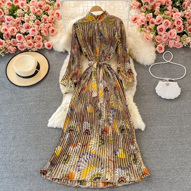 Uveng New Women French Loose Pleated Printed Long Dress Elegant Long Sleeve A-line Lady Clothes Autumn Female Maxi Dress