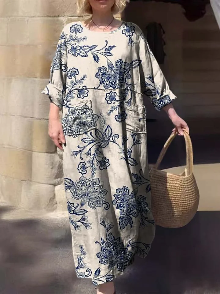 Women's Round Neck Position Print Three-quarter Sleeve Pocket Cotton Dress