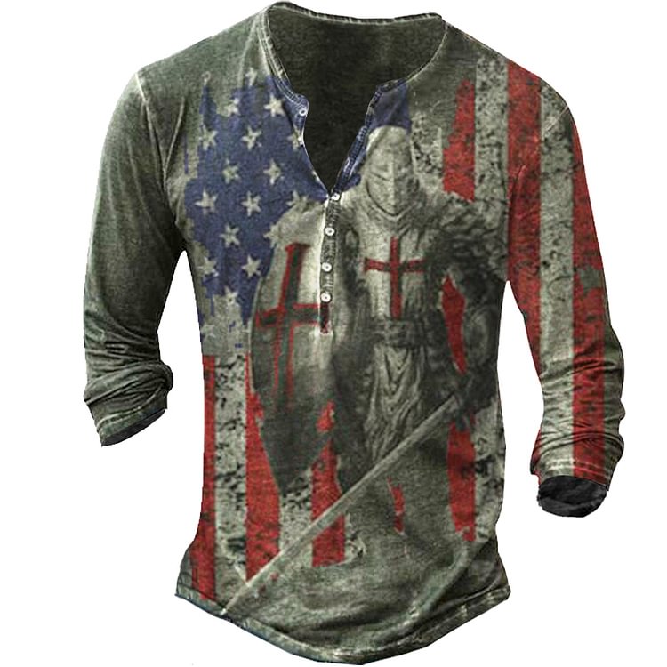 Crusader American Flag Men's Vintage Henley Button Sweatshirt